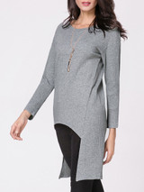 Casual Round Neck Ribbed Dip Hem Plain Sweater