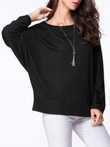 Casual Round Neck Plain Batwing Long Sleeve T-Shirt