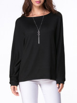 Casual Round Neck Plain Batwing Long Sleeve T-Shirt