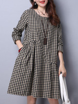 Casual Round Neck Plaid Long Sleeve Shift Dress