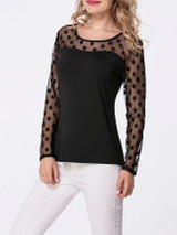 Casual Round Neck Patchwork See-Through Polka Dot Long Sleeve T-Shirt Casual Round Neck Patchwork See-Through Polka Dot Long Sleeve T-Shirt