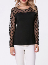 Casual Round Neck Patchwork See-Through Polka Dot Long Sleeve T-Shirt Casual Round Neck Patchwork See-Through Polka Dot Long Sleeve T-Shirt