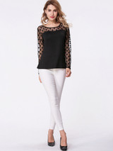 Casual Round Neck Patchwork See-Through Polka Dot Long Sleeve T-Shirt Casual Round Neck Patchwork See-Through Polka Dot Long Sleeve T-Shirt