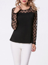 Casual Round Neck Patchwork See-Through Polka Dot Long Sleeve T-Shirt Casual Round Neck Patchwork See-Through Polka Dot Long Sleeve T-Shirt