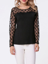 Casual Round Neck Patchwork See-Through Polka Dot Long Sleeve T-Shirt Casual Round Neck Patchwork See-Through Polka Dot Long Sleeve T-Shirt