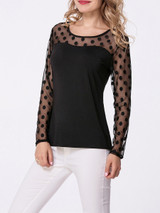 Casual Round Neck Patchwork See-Through Polka Dot Long Sleeve T-Shirt Casual Round Neck Patchwork See-Through Polka Dot Long Sleeve T-Shirt