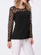 Casual Round Neck Patchwork See-Through Polka Dot Long Sleeve T-Shirt Casual Round Neck Patchwork See-Through Polka Dot Long Sleeve T-Shirt