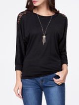 Casual Round Neck Hollow Out Plain Batwing Long Sleeve T-Shirt Casual Round Neck Hollow Out Plain Batwing Long Sleeve T-Shirt