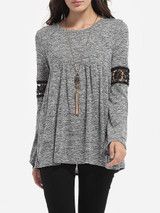 Casual Round Neck Hollow Out Patchwork Plain Long Sleeve T-shirt