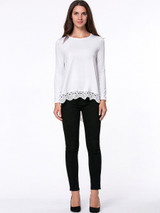 Casual Round Neck Decorative Lace Plain High-Low Long Sleeve T-Shirt