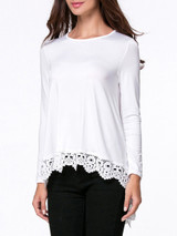 Casual Round Neck Decorative Lace Plain High-Low Long Sleeve T-Shirt