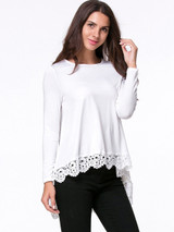 Casual Round Neck Decorative Lace Plain High-Low Long Sleeve T-Shirt