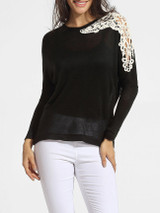 Casual Round Neck Decorative Lace Patchwork Sweater