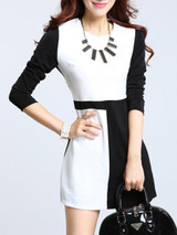 Casual Round Neck Color Block Long Sleeve Bodycon Dress