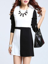 Casual Round Neck Color Block Long Sleeve Bodycon Dress