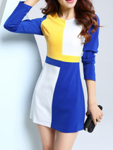 Casual Round Neck Color Block Long Sleeve Bodycon Dress