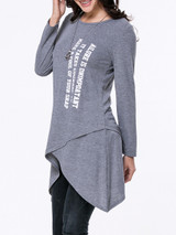 Casual Round Neck Asymmetric Hem Letters Long Sleeve T-Shirt