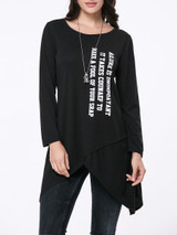 Casual Round Neck Asymmetric Hem Letters Long Sleeve T-Shirt