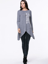 Casual Round Neck Asymmetric Hem Letters Long Sleeve T-Shirt