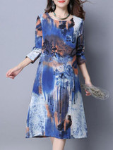 Casual Round Neck Abstract Print Fascinating Shift Dress With Long Sleeve