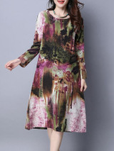 Casual Round Neck Abstract Print Fascinating Shift Dress With Long Sleeve