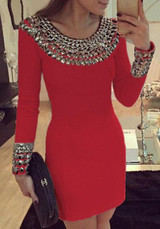 Casual Red Plain Sequin Round Neck Long Sleeve Mini Dress