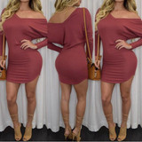 Casual Red Plain Irregular V-neck Long Sleeve Slim Mini Dress