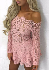 Casual Pink Patchwork Lace Off Shoulder Boat Neck Long Sleeve Fashion Mini Dress