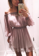 Casual Pink Double-deck Boat Neck Long Sleeve Flowy Elegant Mini Dress
