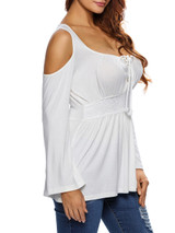 Casual Open Shoulder Hot Lace-Up Plain Long Sleeve T-Shirt
