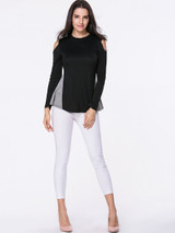 Casual Open Shoulder Color Block Long Sleeve T-Shirt