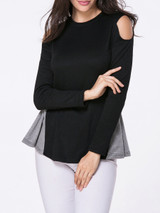 Casual Open Shoulder Color Block Long Sleeve T-Shirt