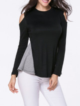 Casual Open Shoulder Color Block Long Sleeve T-Shirt