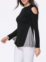 Casual Open Shoulder Color Block Long Sleeve T-Shirt
