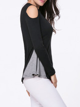 Casual Open Shoulder Color Block Long Sleeve T-Shirt