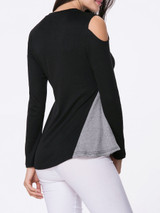 Casual Open Shoulder Color Block Long Sleeve T-Shirt