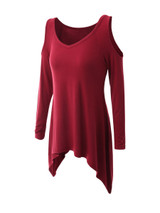 Casual Open Shoulder Asymmetric Hem Plain Long Sleeve T-Shirt