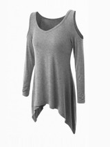 Casual Open Shoulder Asymmetric Hem Plain Long Sleeve T-Shirt