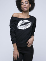 Casual One Shoulder Lip Printed Long Sleeve T-Shirt