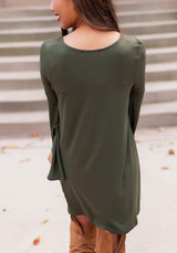 Casual Olive Plain Round Neck Long Sleeve Casual Mini Dress