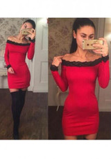 Casual New Women Red Patchwork Lace Boat Neck Long Sleeve Mini Dress