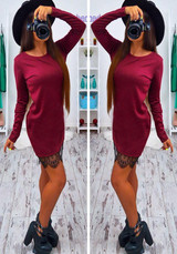 Casual New Women Patchwork Lace Round Neck Long Sleeve Mini Dress