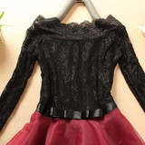 Casual New Women Patchwork Lace Hollow-out Belt Round Neck Long Sleeve Mini Dress