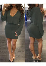 Casual New Women Grey Plain 2-in-1 Plunging Neckline Long Sleeve Mini Dress