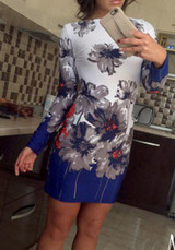 Casual New Women Blue Floral Round Neck Long Sleeve Mini Dress