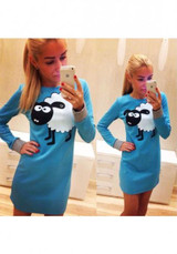 Casual New Women Blue Floral Round Neck Long Sleeve Fashion Mini Dress