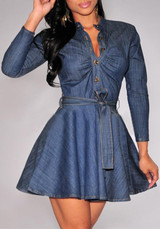 Casual Navy Blue Single Breasted Belt Long Sleeve Denim Mini Dress