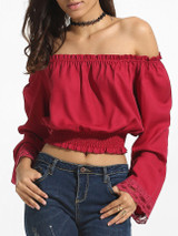Casual Mandarin Sleeve Off Shoulder Blended Plain Long Sleeve T-shirt
