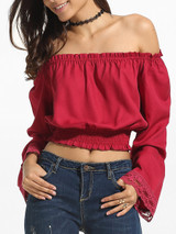 Casual Mandarin Sleeve Off Shoulder Blended Plain Long Sleeve T-shirt