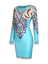 Casual Long Sleeve Round Neck Glamorous Printed Bodycon Dress